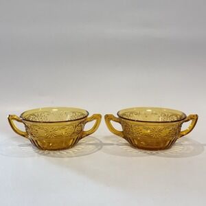 Vintage Jeannette Marigold Custard Cups w Handles Floral Relief Pair of 2